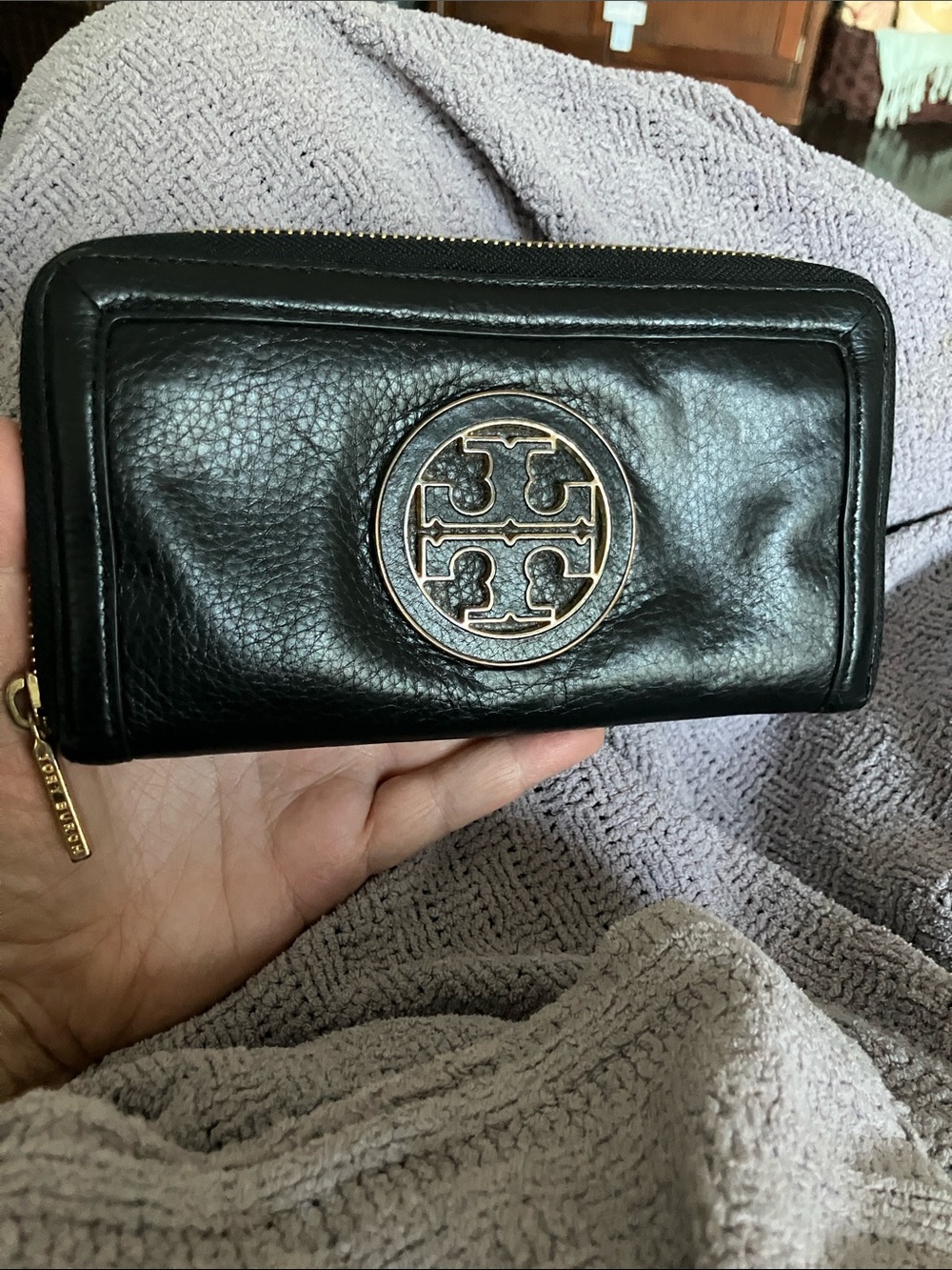 Tory Burch Black Leather Zip Around Wallet with Gold Logo Medallion